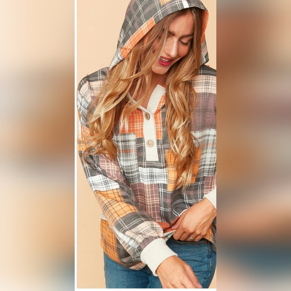 Plus Rust Charcoal & Oatmeal Plaid Patchwork Waffle Color Block Hoodie - Picture 4 of 5